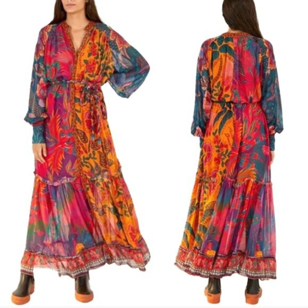 FARM RIO‎ Mixed Prints Button Down Maxi Dress In Mix Print - Picture 2 of 11